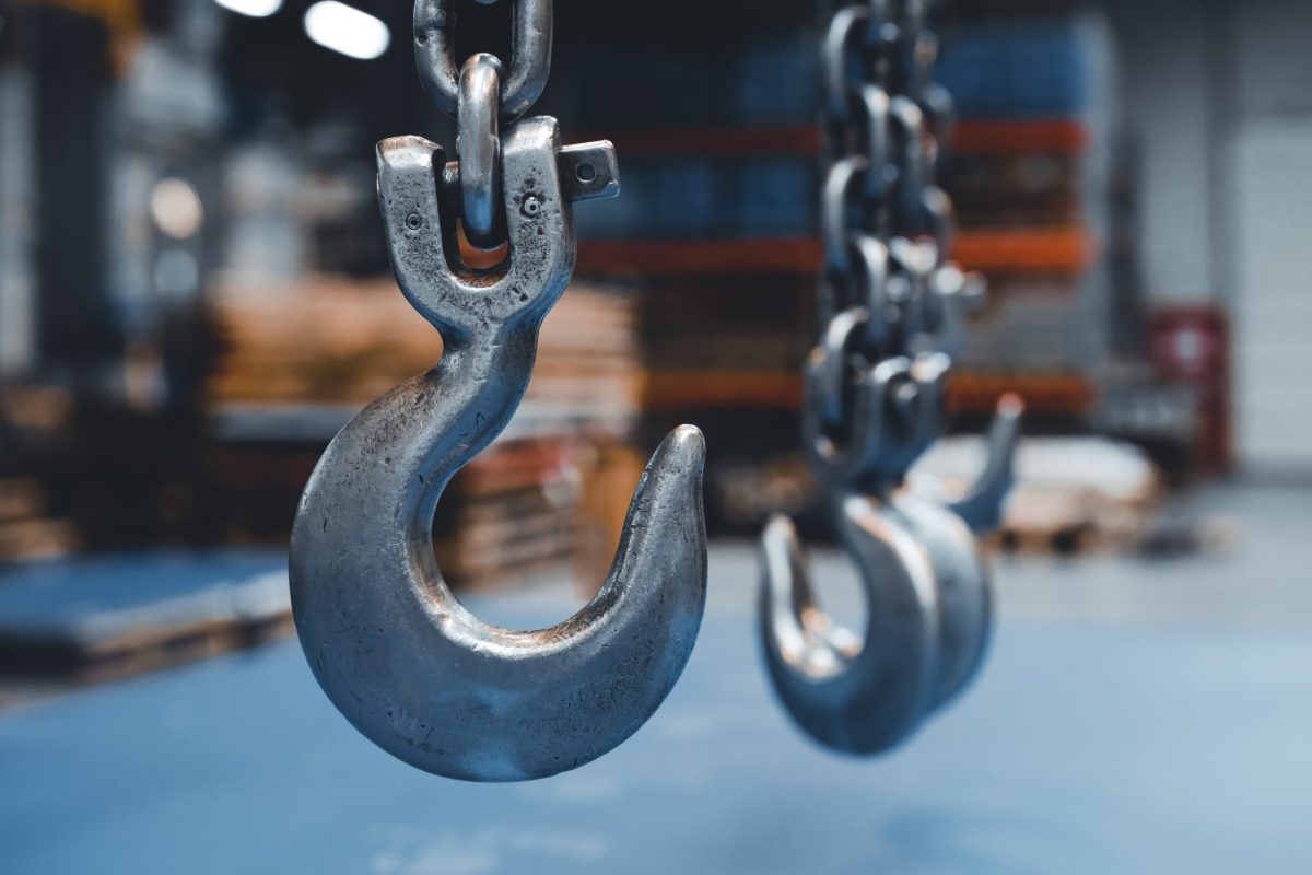 View of lifting hook in an industrial warehouse, France